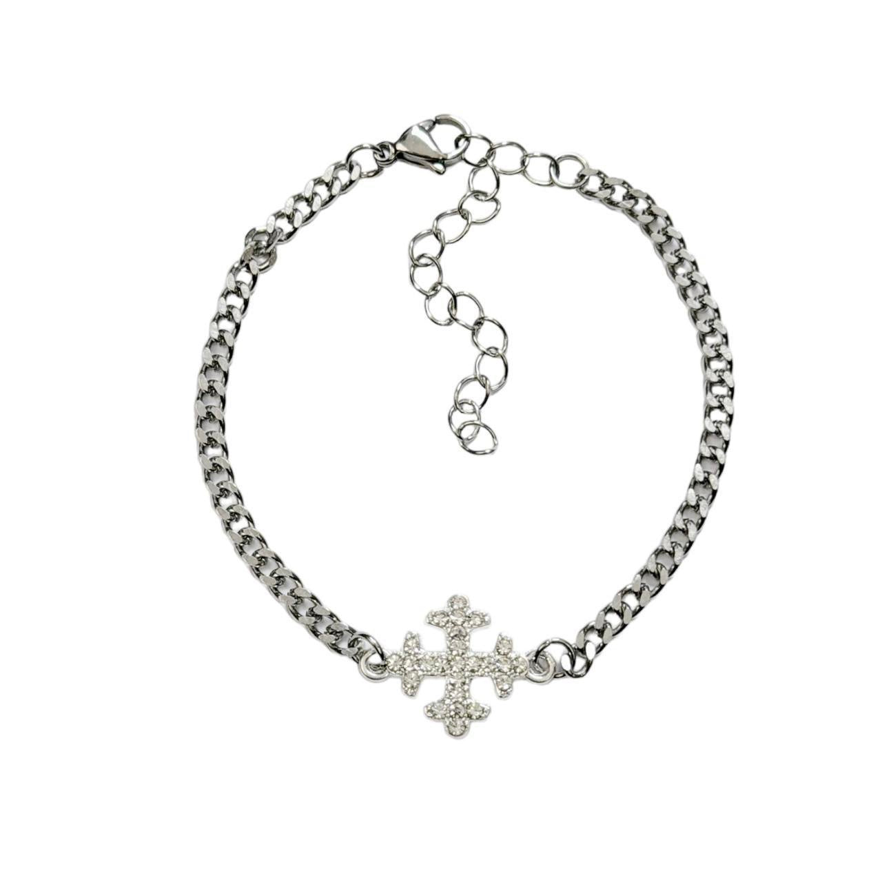 Silver Rhinestone Cross Chain Bracelet