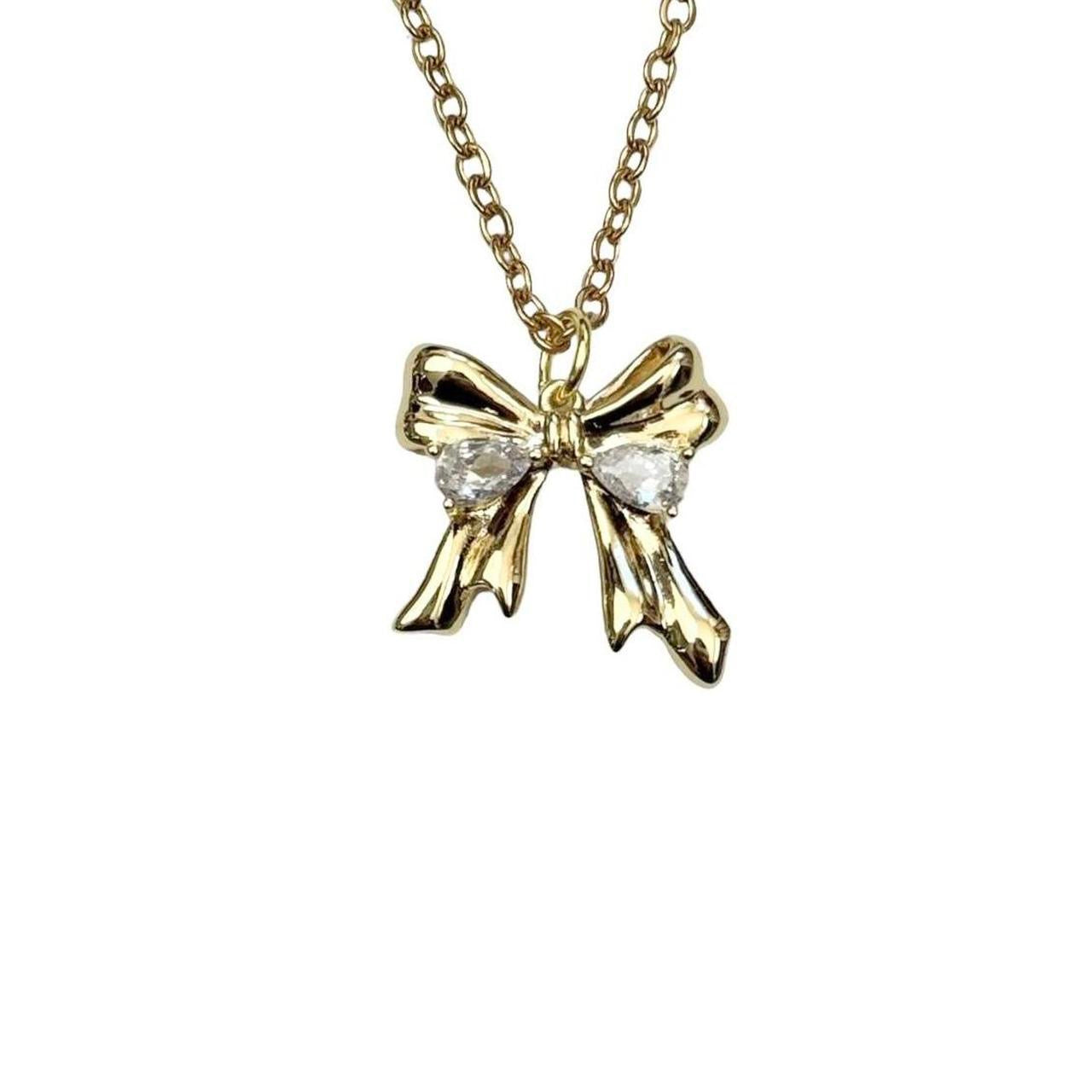 Gold Rhinestone Bow Necklace