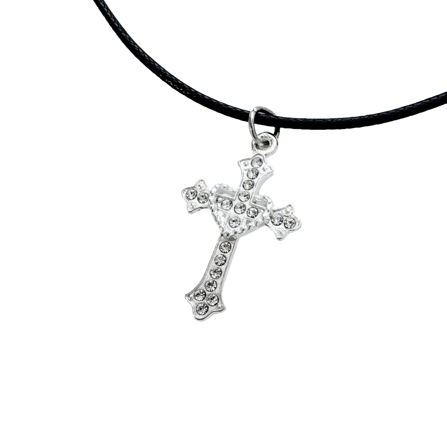 Rhinestone Heart Cross Cord Necklace