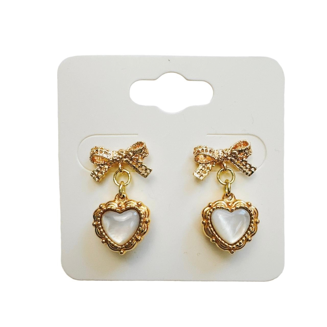 lace gold bow & shell heart earrings