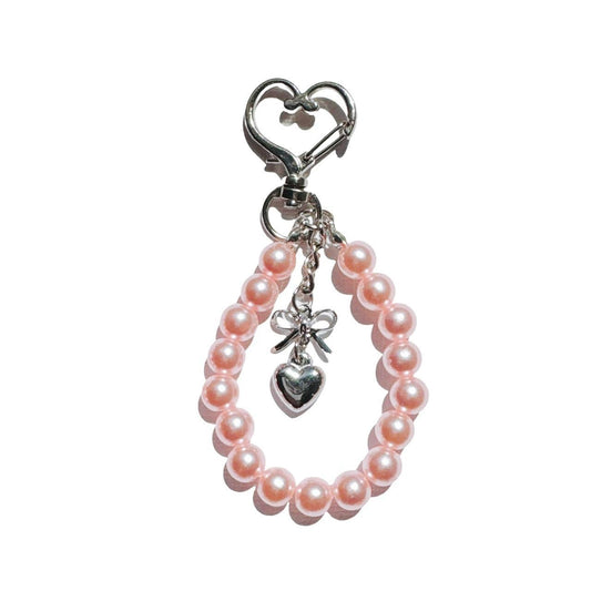 silver bow & heart beaded keychain - pink version