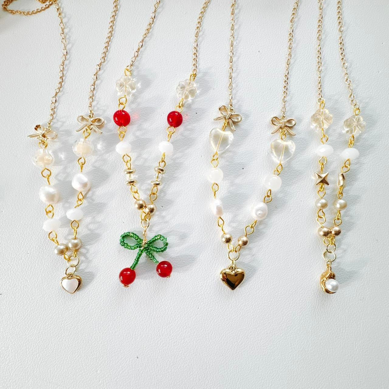 Gold Cherry Bow Beaded Necklace