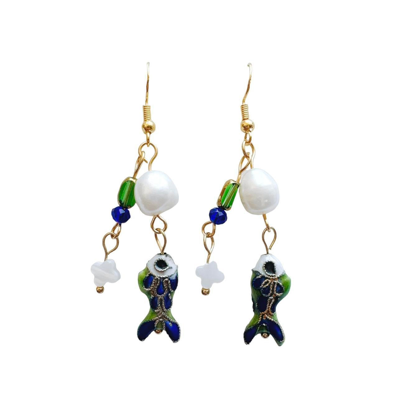 gold beaded fish earrings - blue