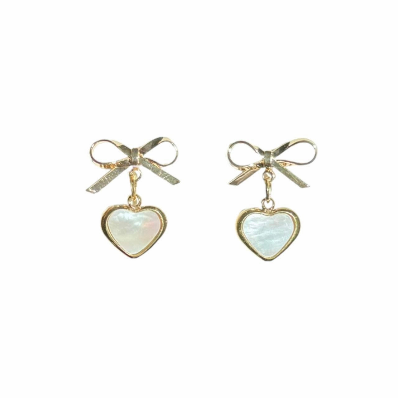 Gold Bow & Shell Heart Earrings