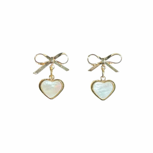 Gold Bow & Shell Heart Earrings