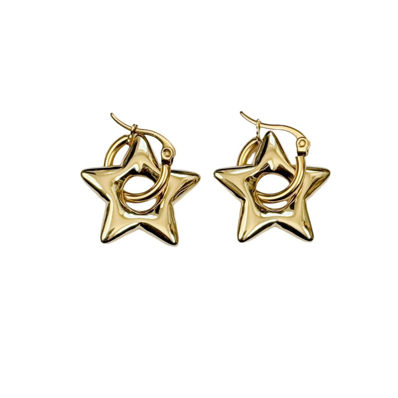 Gold Puffy Star Hoop Earrings