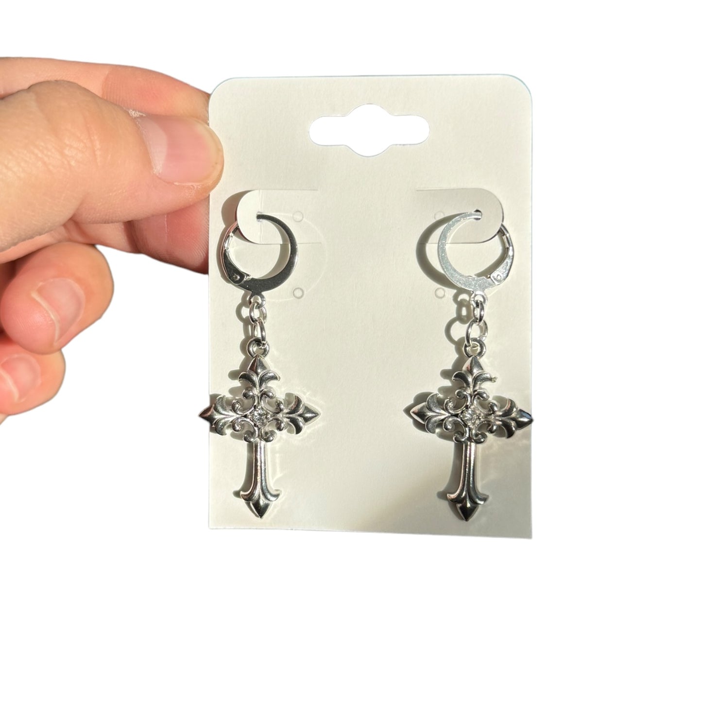 Silver Grunge Rhinestone Cross Earrings