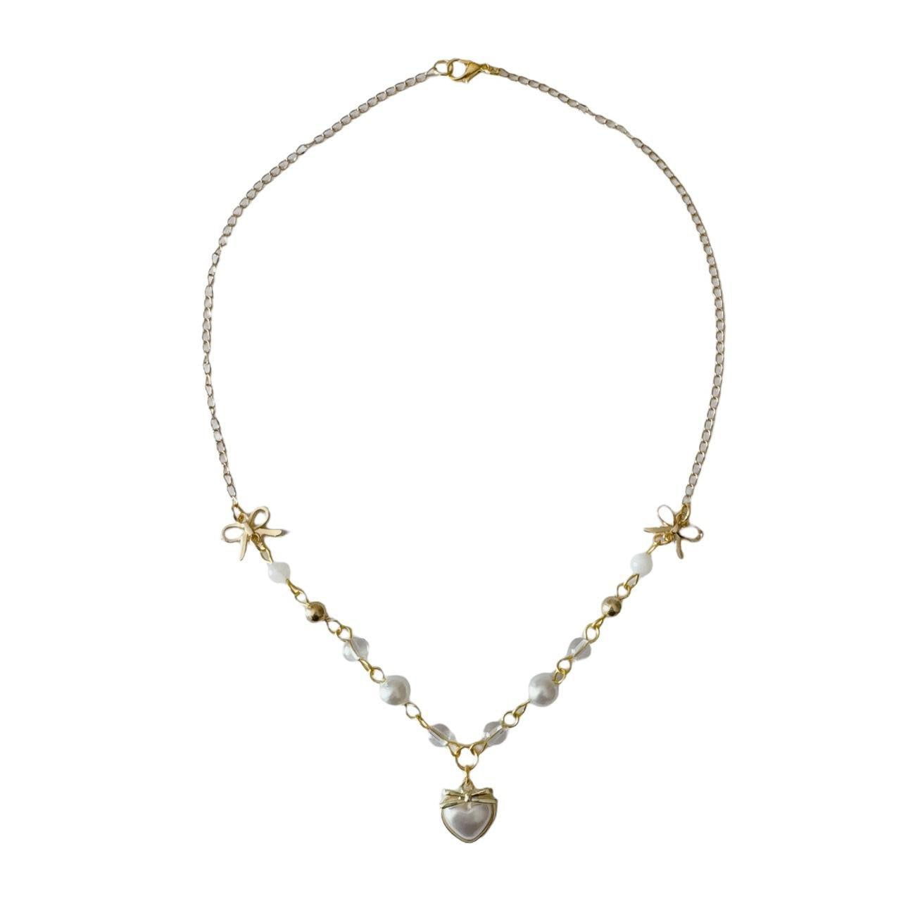 Gold Pearl Heart Beaded Necklace