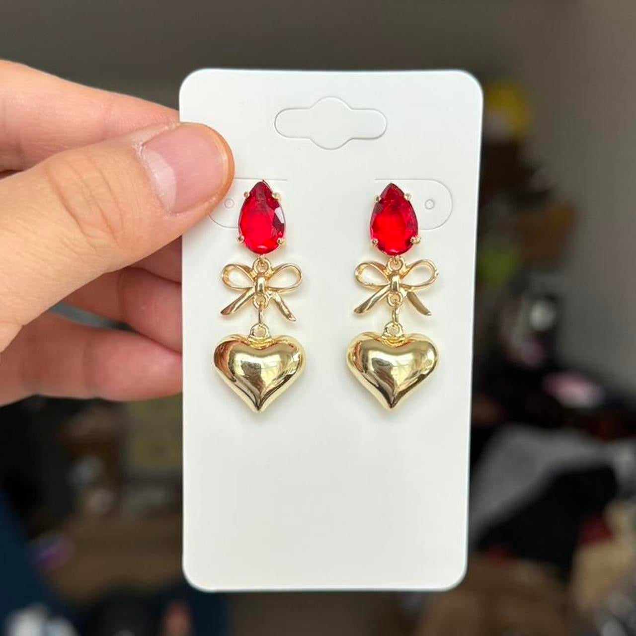 Red & Gold Bow & Heart Earrings