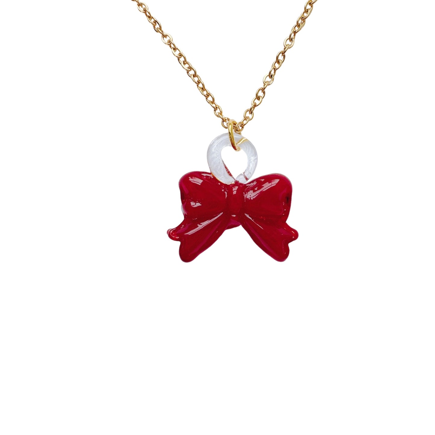 Gold Red Glass Bow Necklace