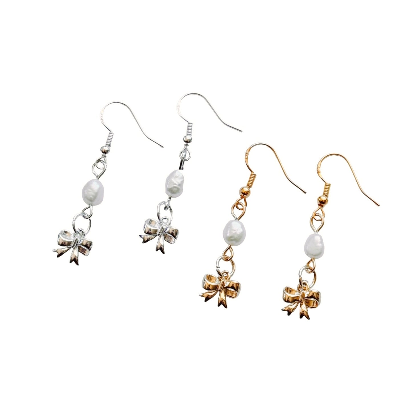 gold pearl bow dangle earrings