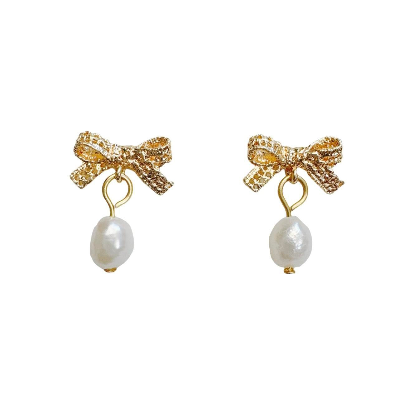 Gold Lace Bow & Pearl Earrings