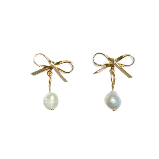 Gold Bow & Pearl Earrings