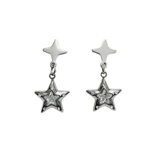 silver double rhinestone star earrings