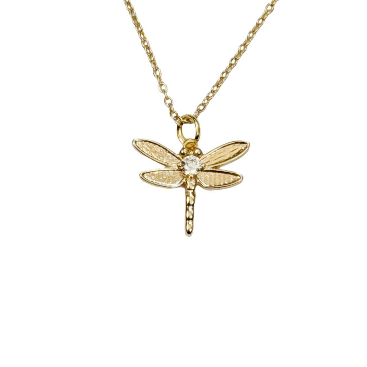 Gold Rhinestone Dragonfly Necklace