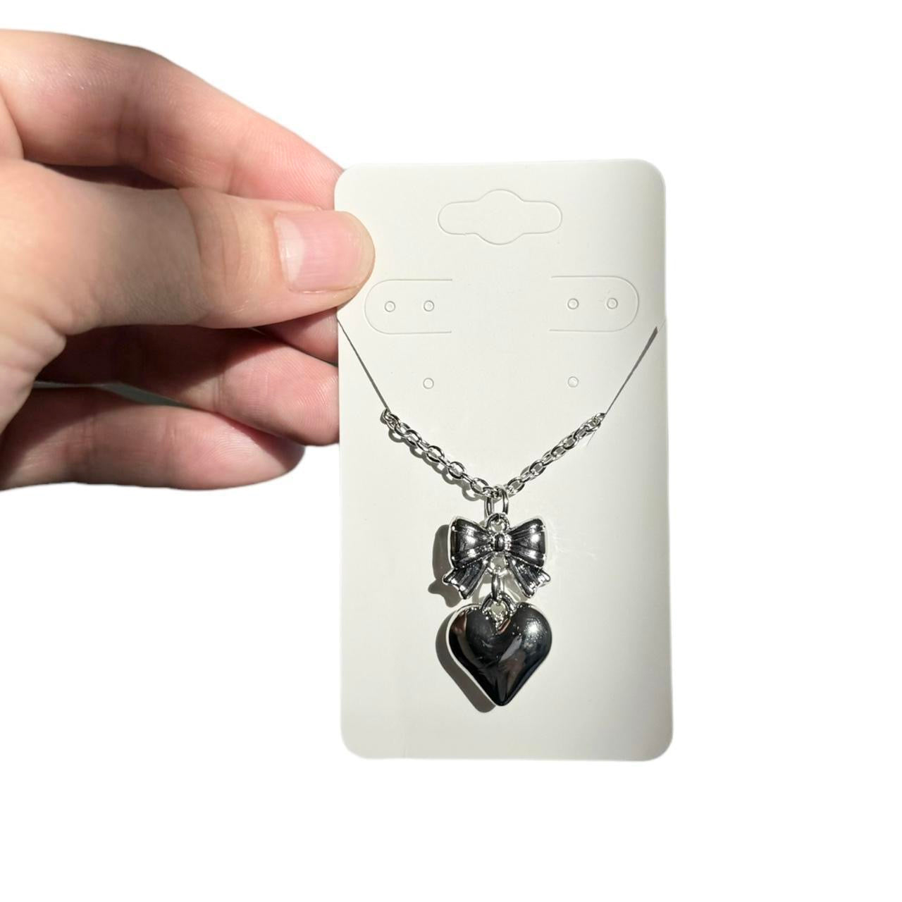 Silver Bow & Heart Necklace