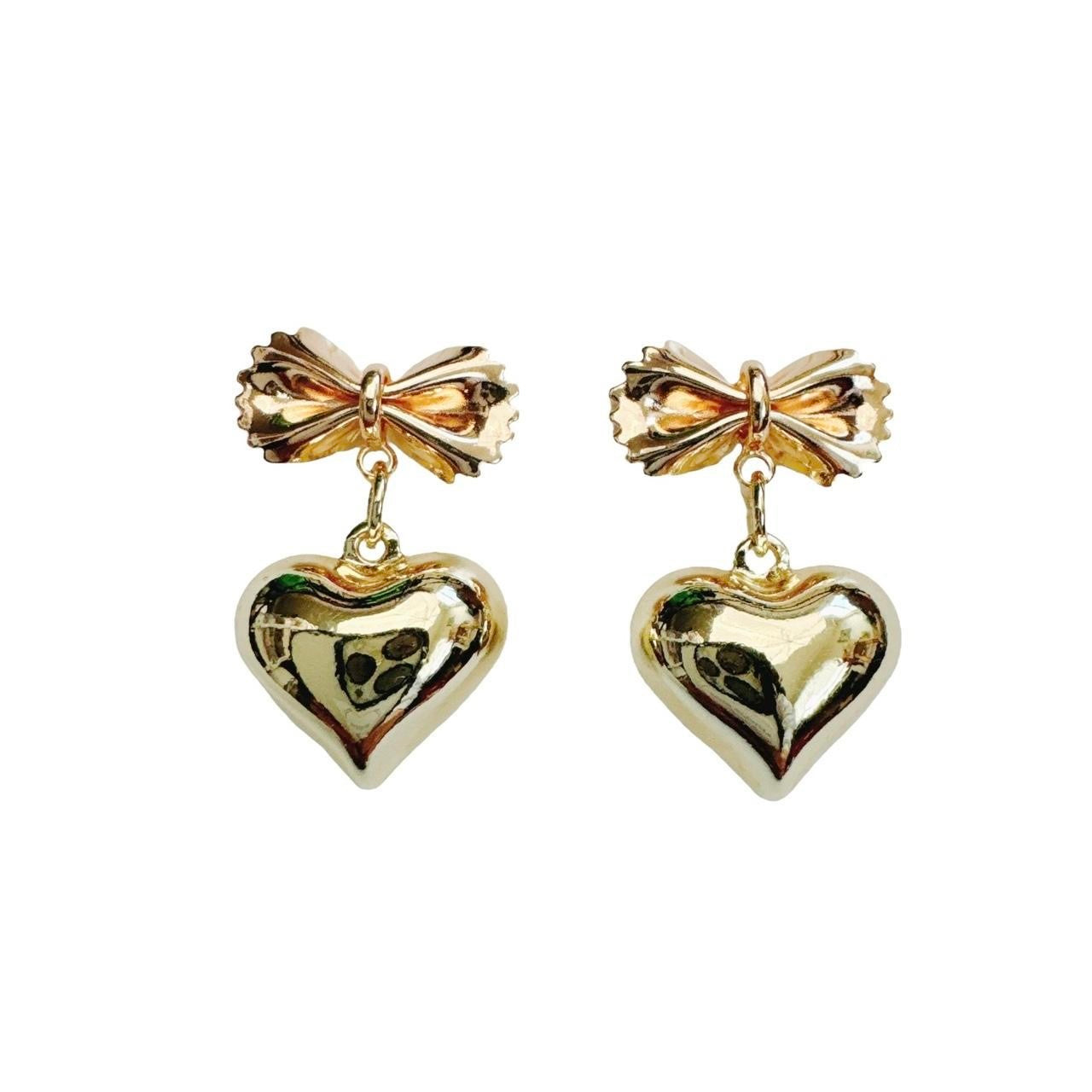 Gold Bow Tie Pasta & Heart Earrings