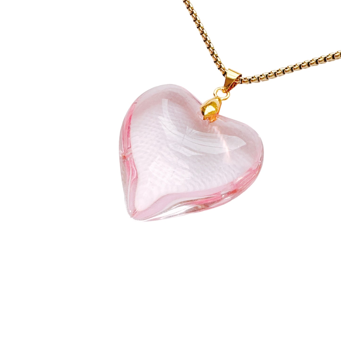 Gold Pink Glass Heart Necklace