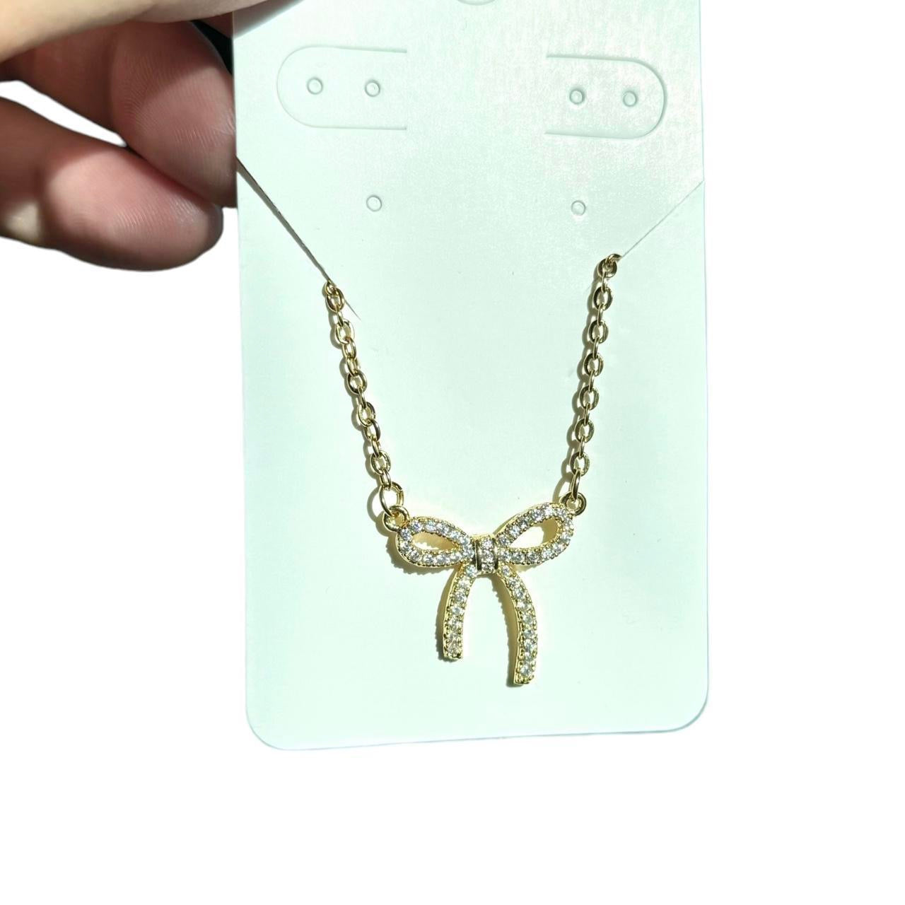 Gold Rhinestone Bow Necklace ౨ৎ