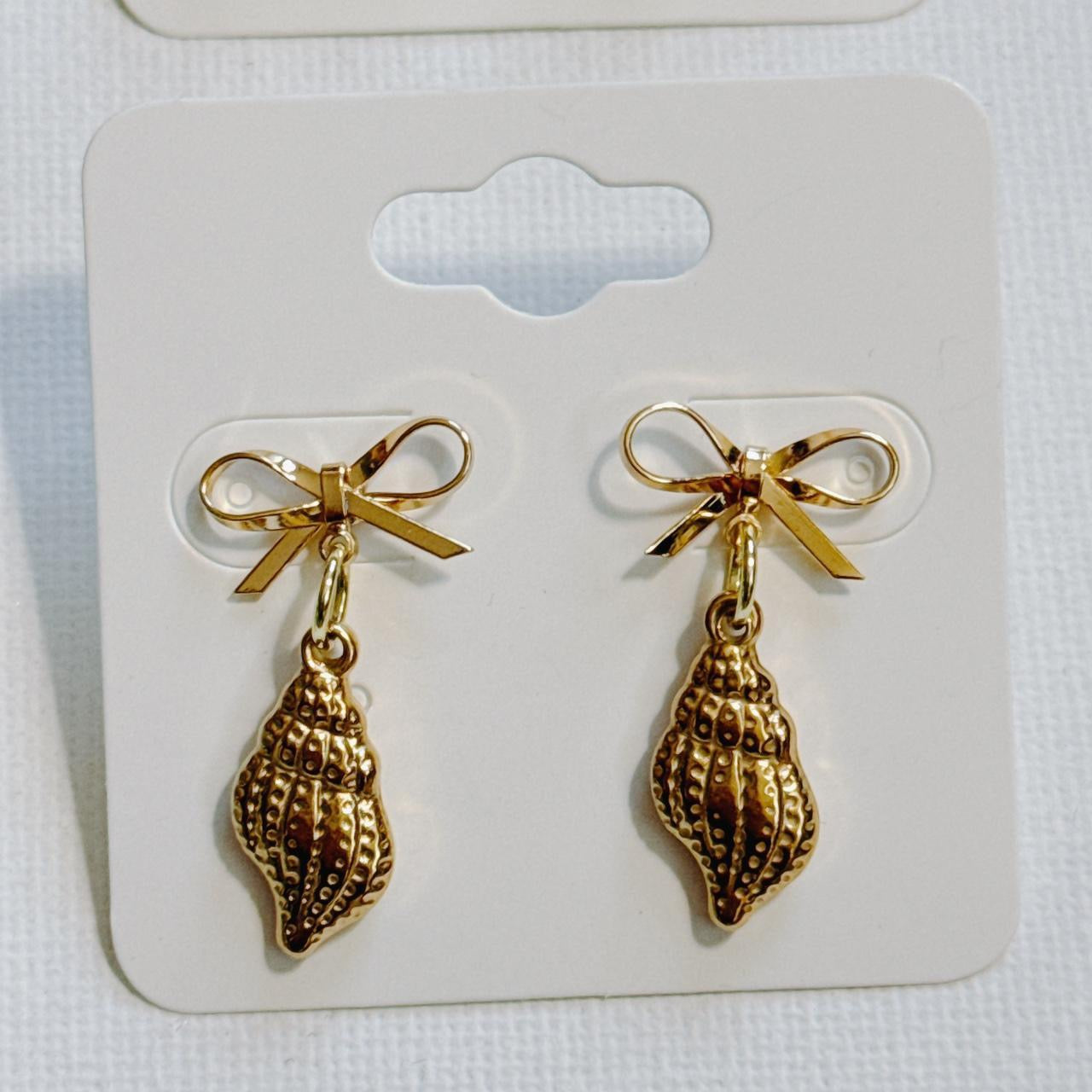 gold bow & shell earrings