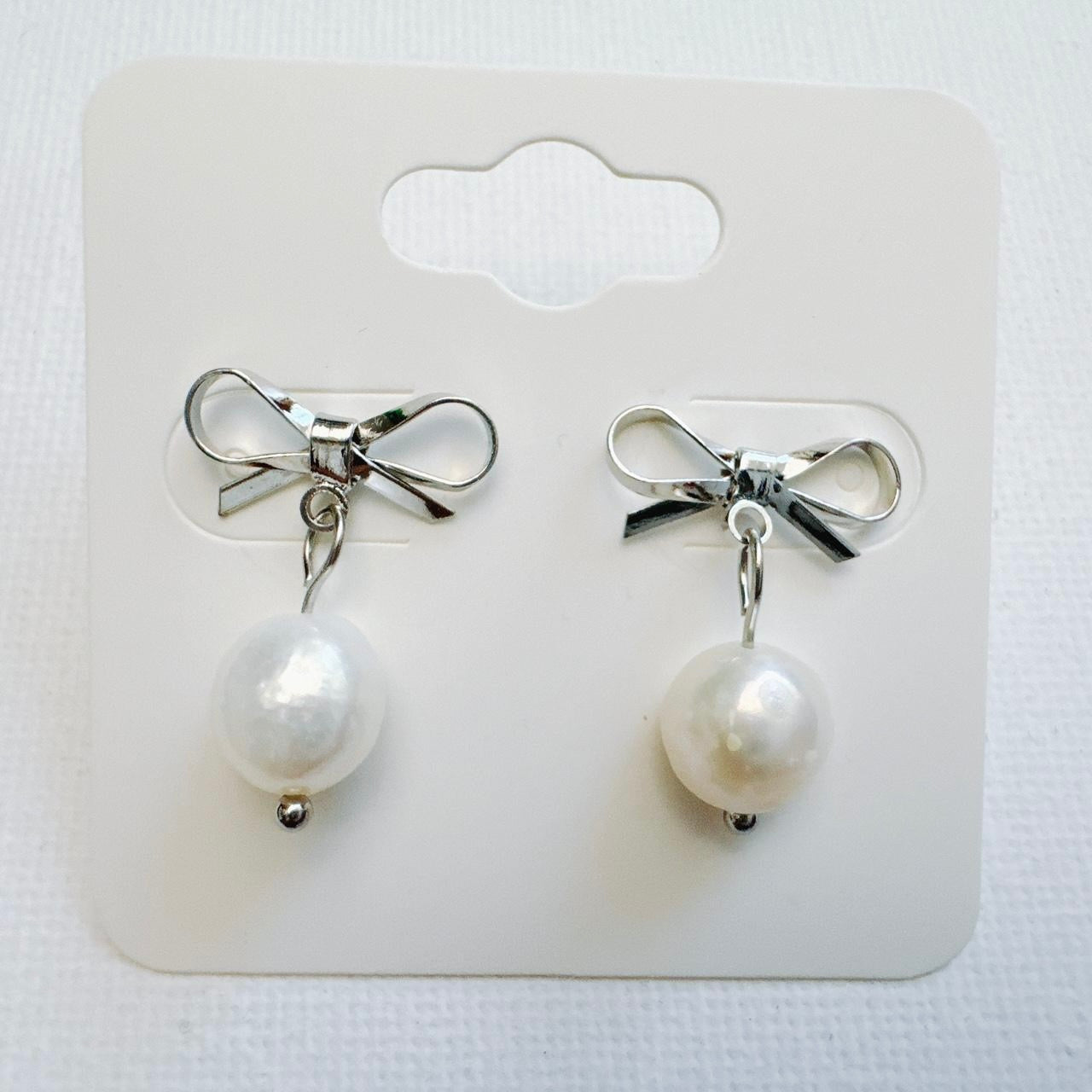 Silver Bow & Pearl Earrings