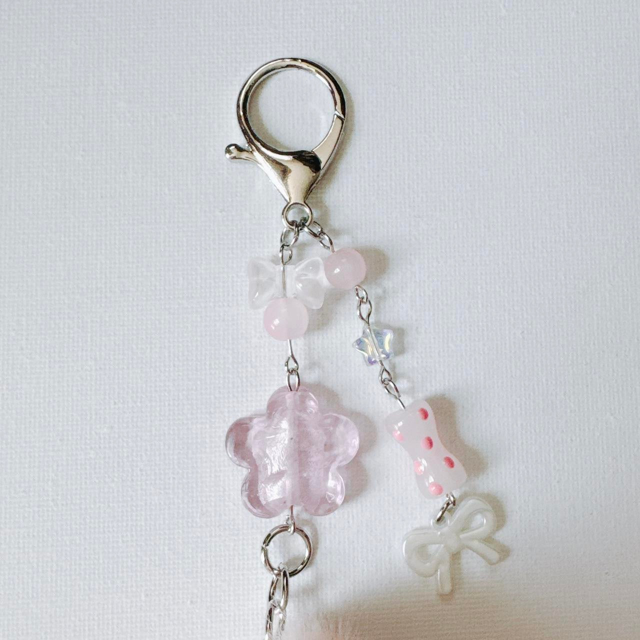 pink fluffy bunny keychain - bow