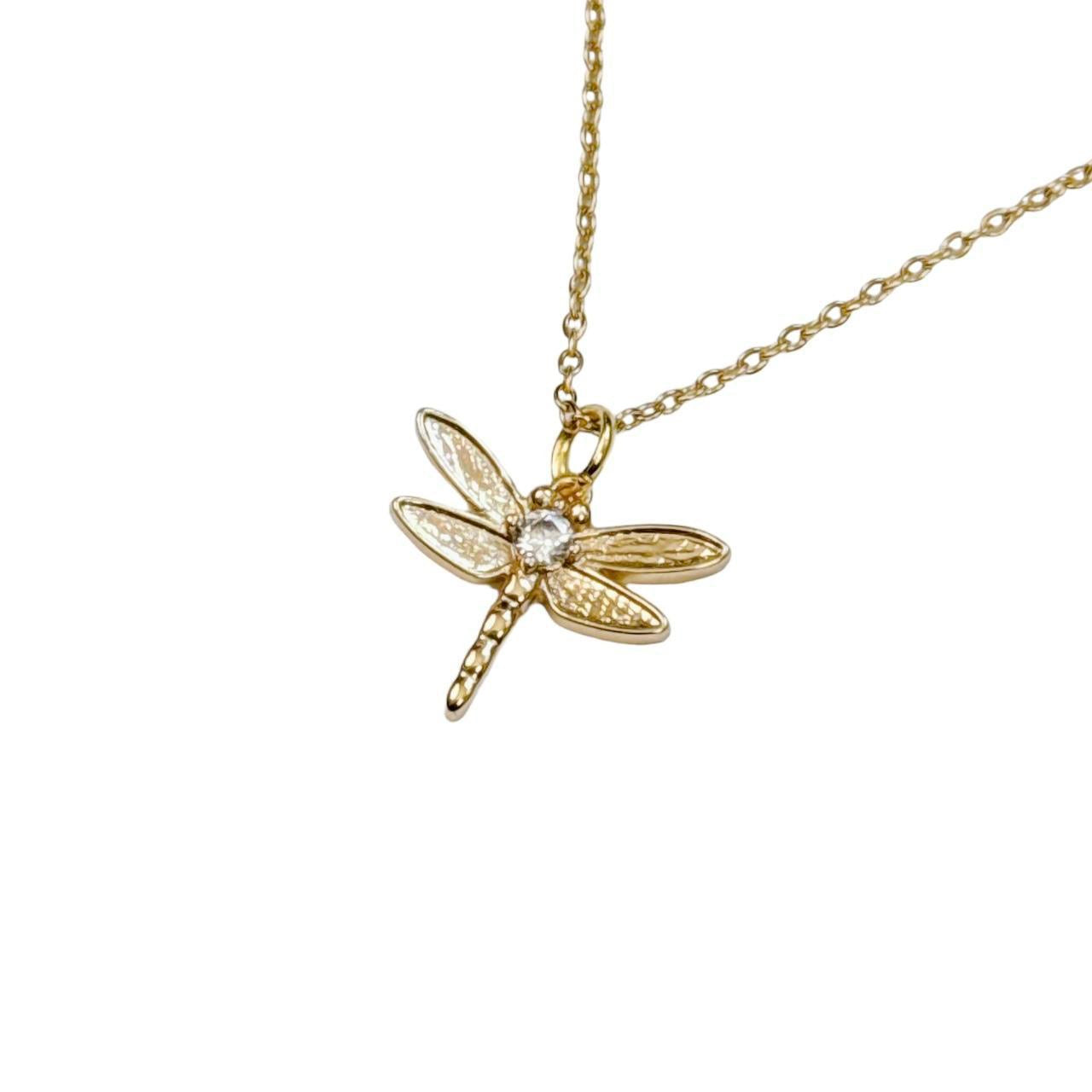 Gold Rhinestone Dragonfly Necklace