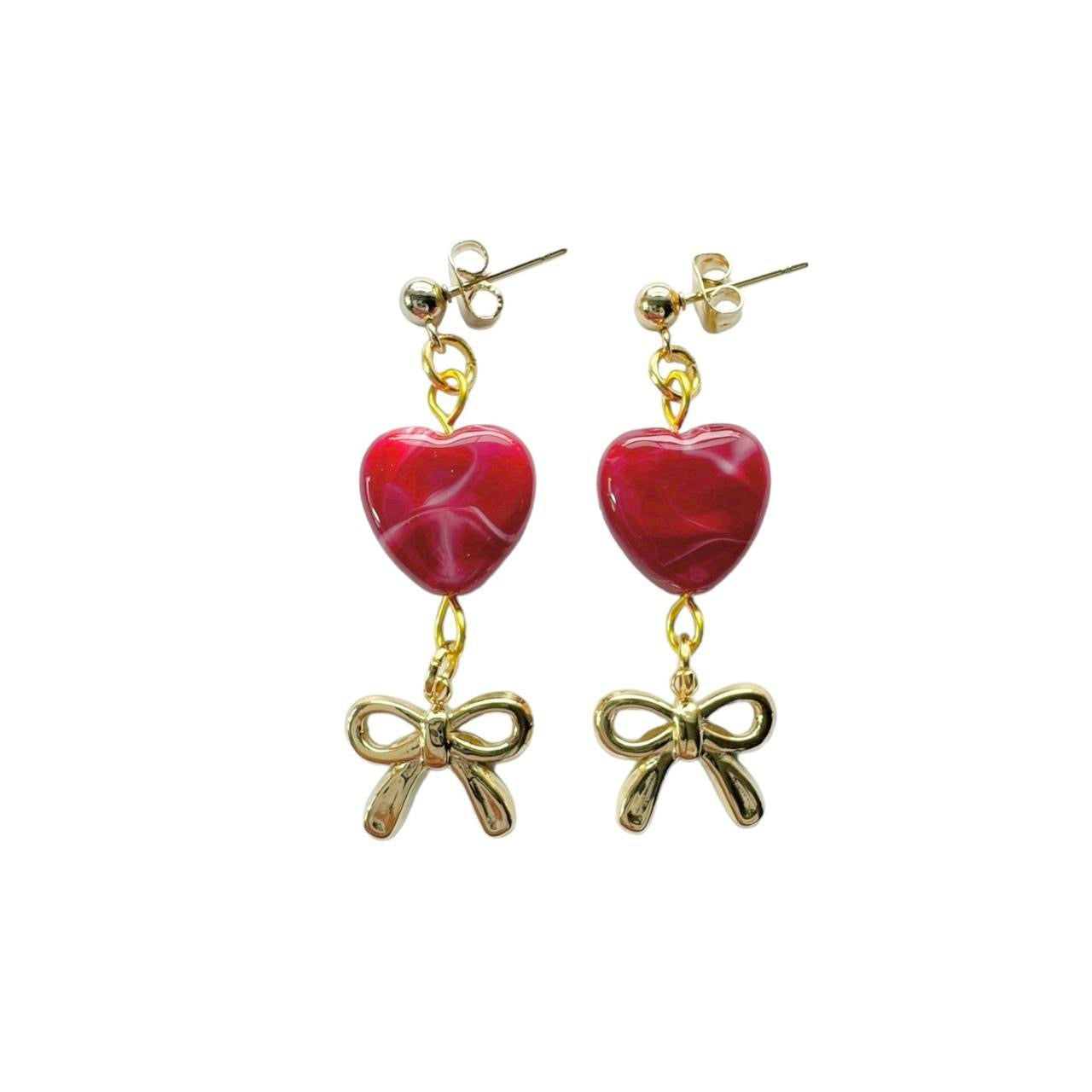 Gold Bow & Red Heart Earrings