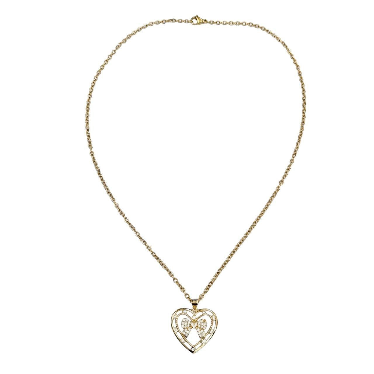 Gold Rhinestone Bow Heart Necklace