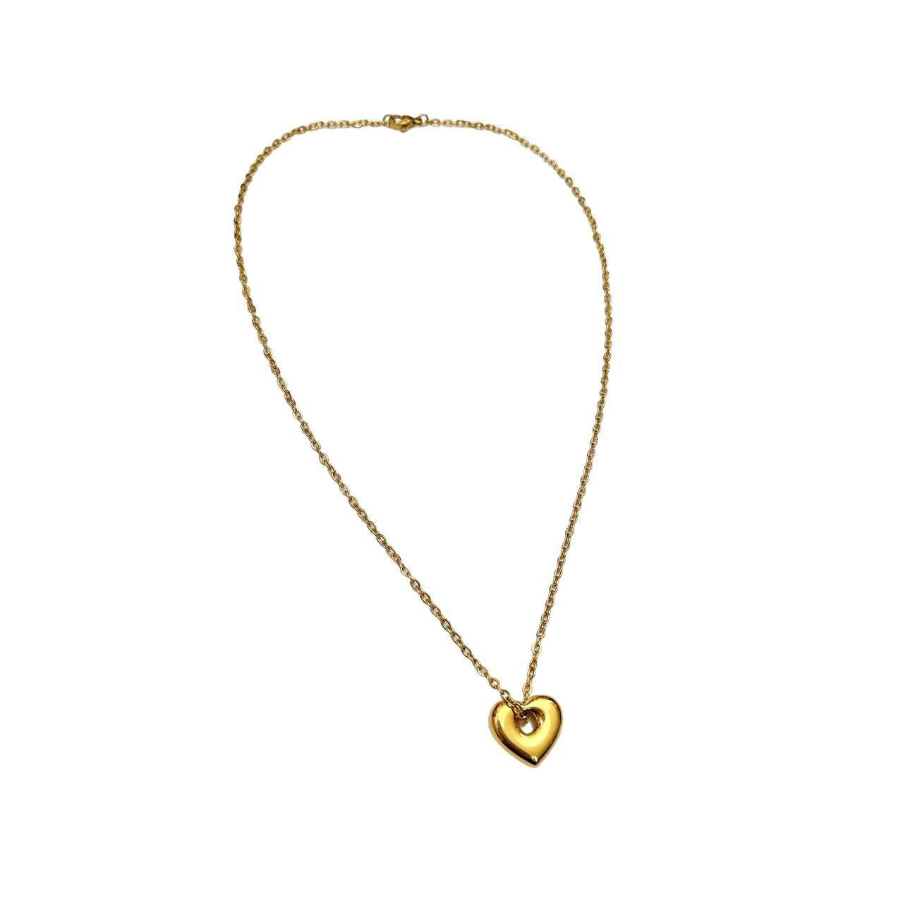 Gold Puffy Hollow Heart Necklace