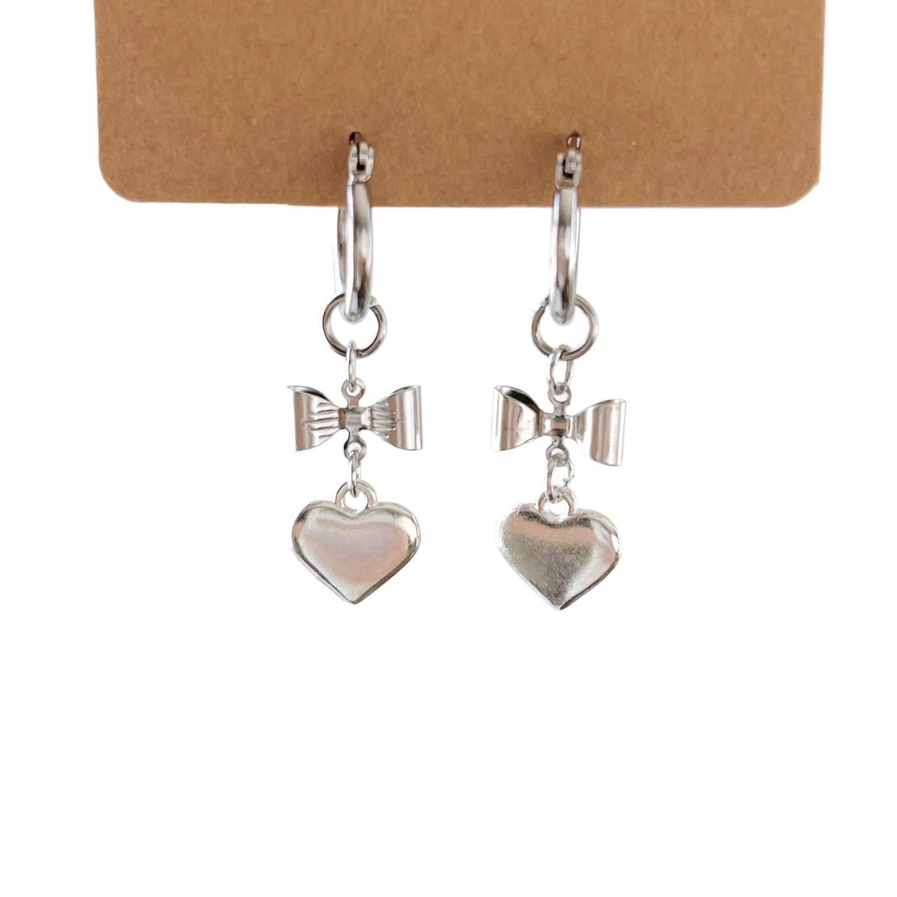 Silver Bow and Heart Hoop Earrings