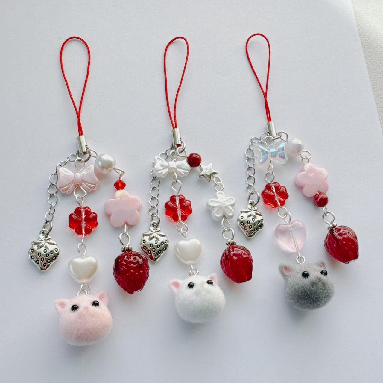 Grey Strawberry Cat Charm