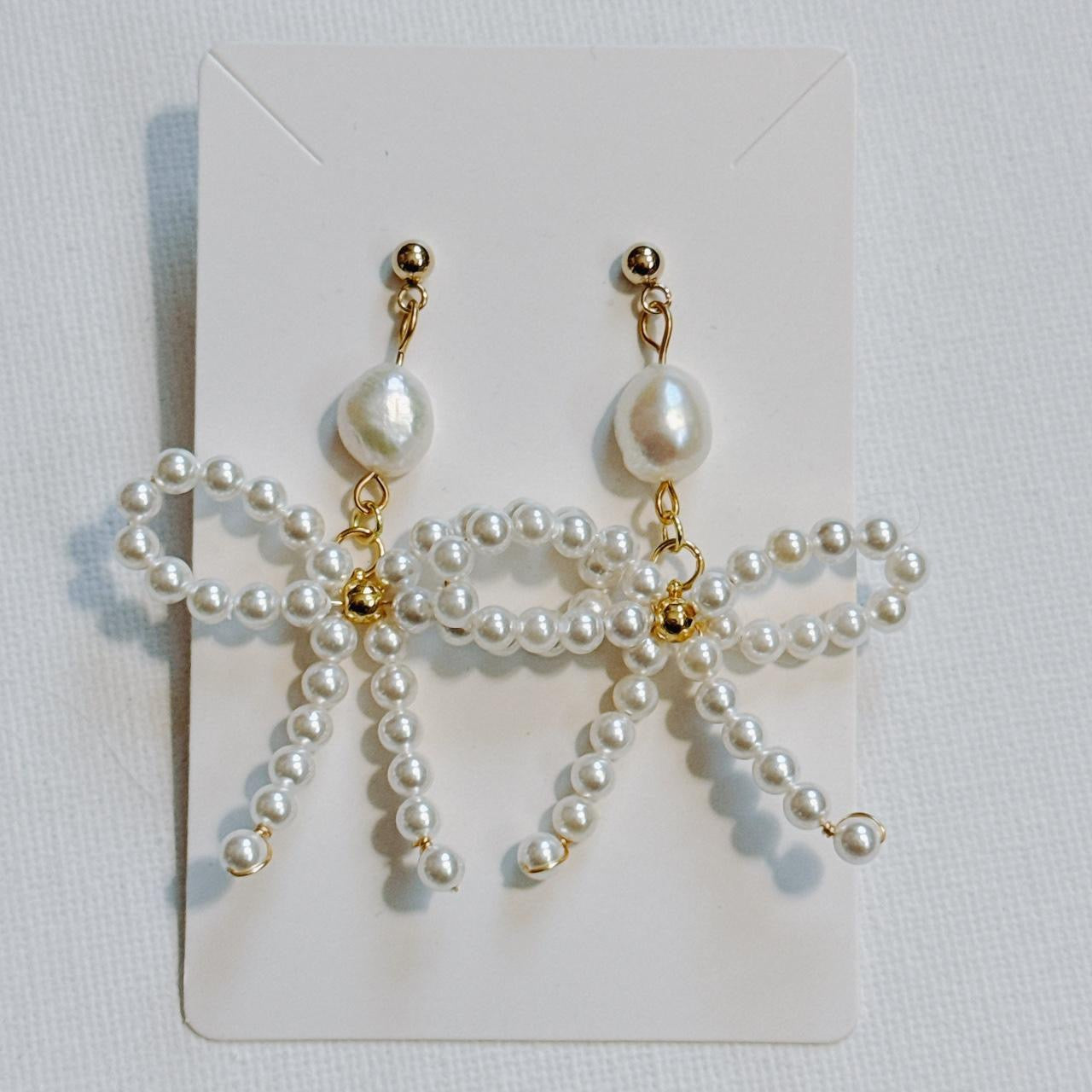 gold beaded pearl bow earrings