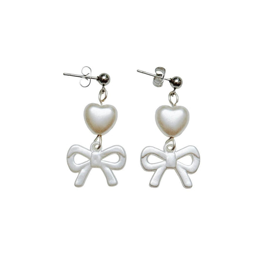 Faux Pearl Heart & Bow Earrings