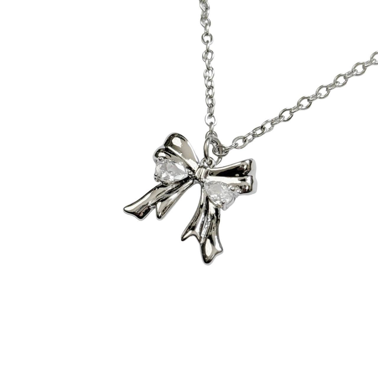 Silver Rhinestone Bow Necklace