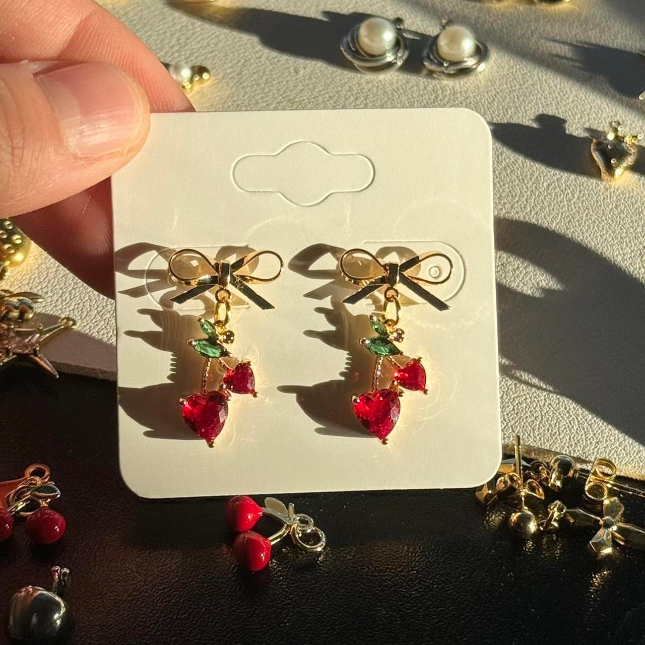 Gold Bow & Cherry Earrings