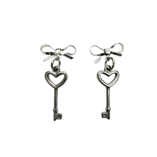 silver bow & heart key earrings