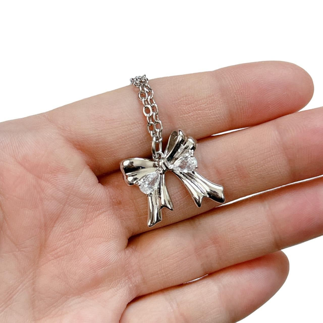 Silver Rhinestone Bow Necklace