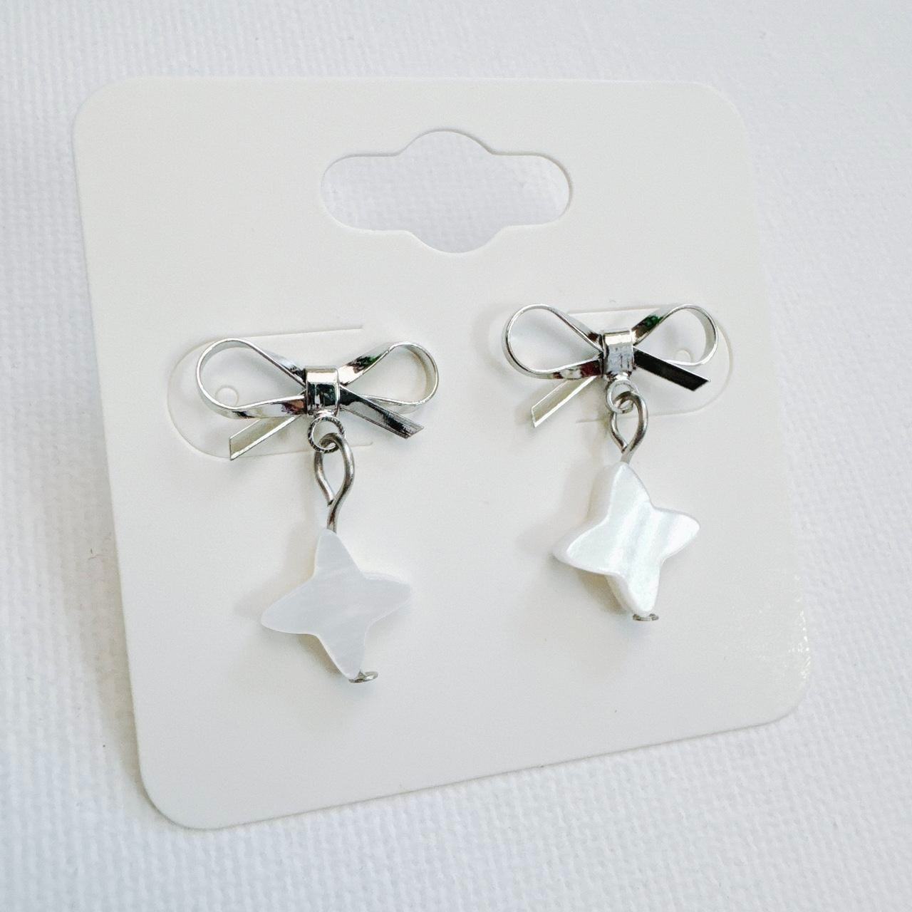 Silver Bow & Shell Sparkle Star Earrings