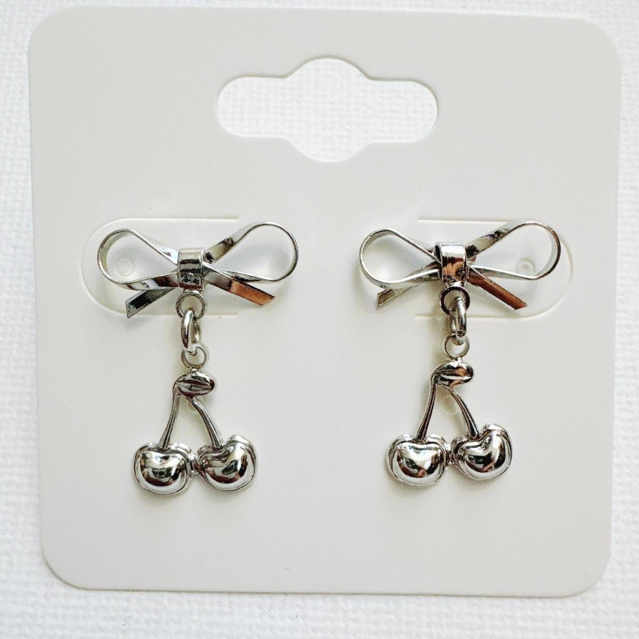 Silver Bow & Cherry Earrings