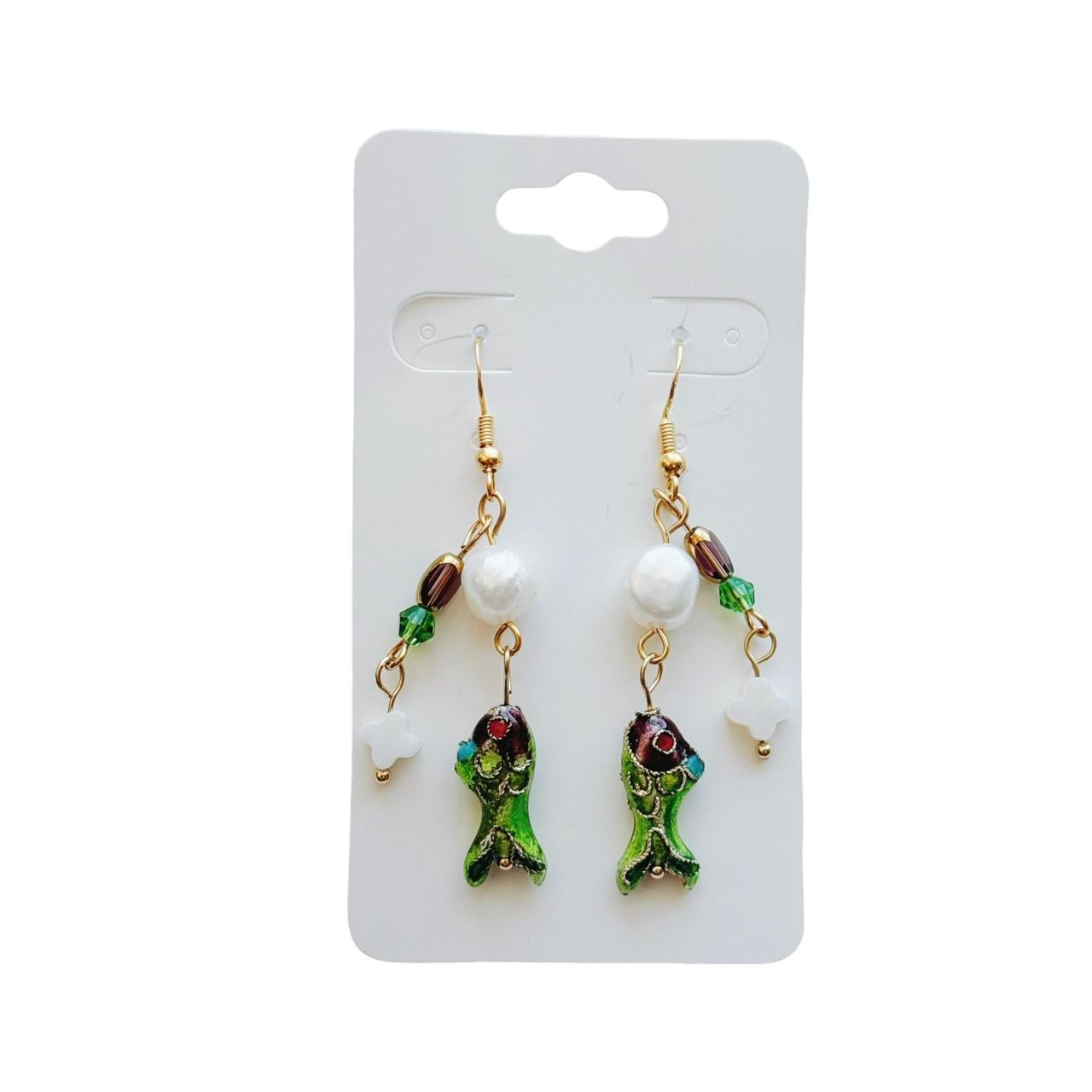 gold beaded fish earrings - purple