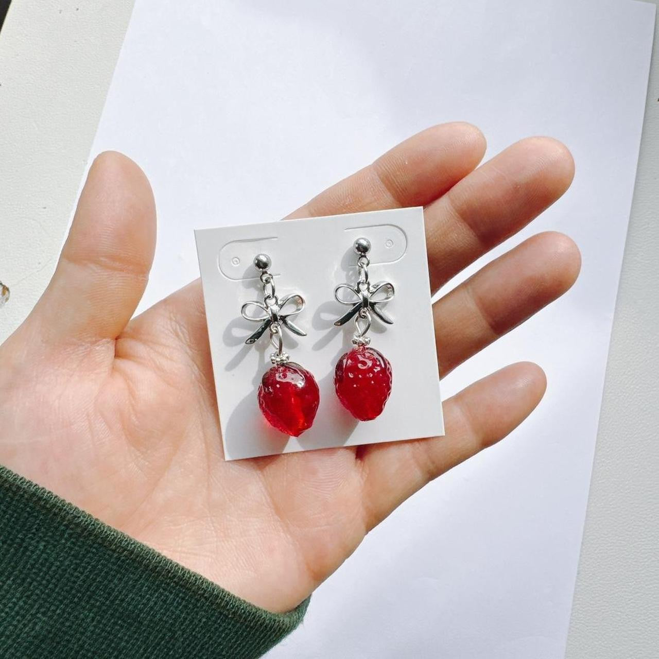 Silver Bow & Glass Strawberry Earrings