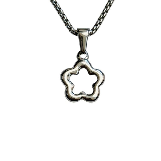 silver hollow flower necklace