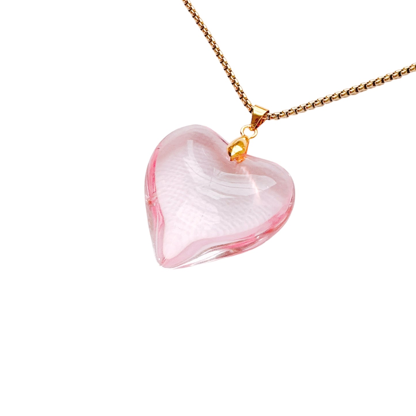 Gold Pink Glass Heart Necklace