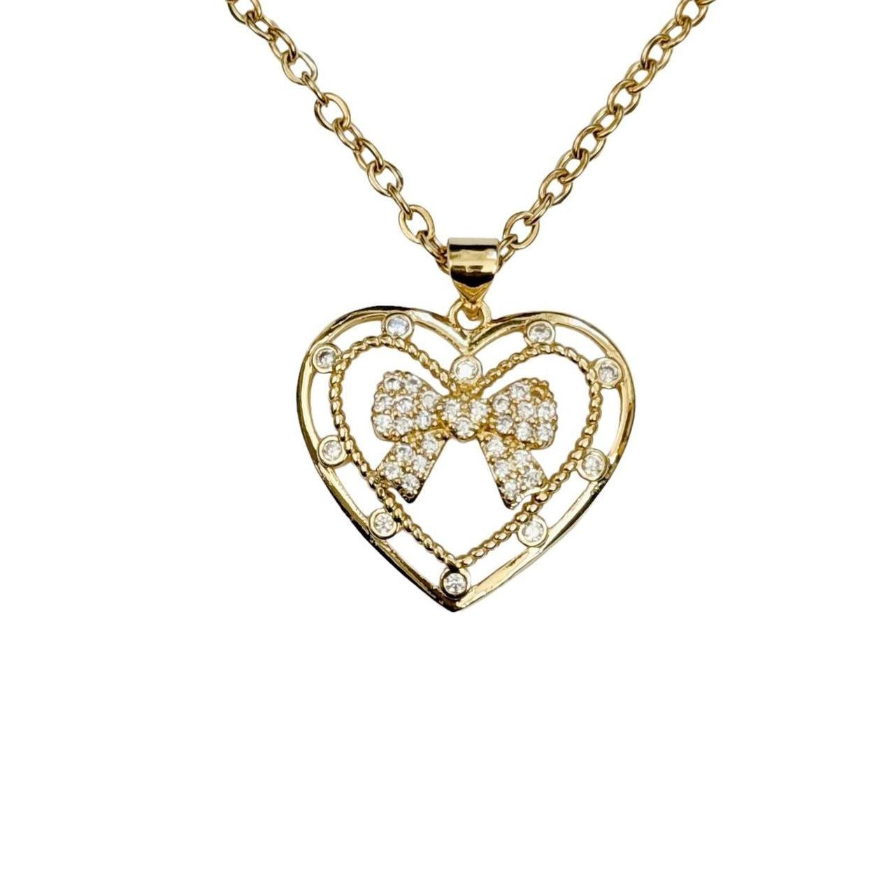 Gold Rhinestone Bow Heart Necklace