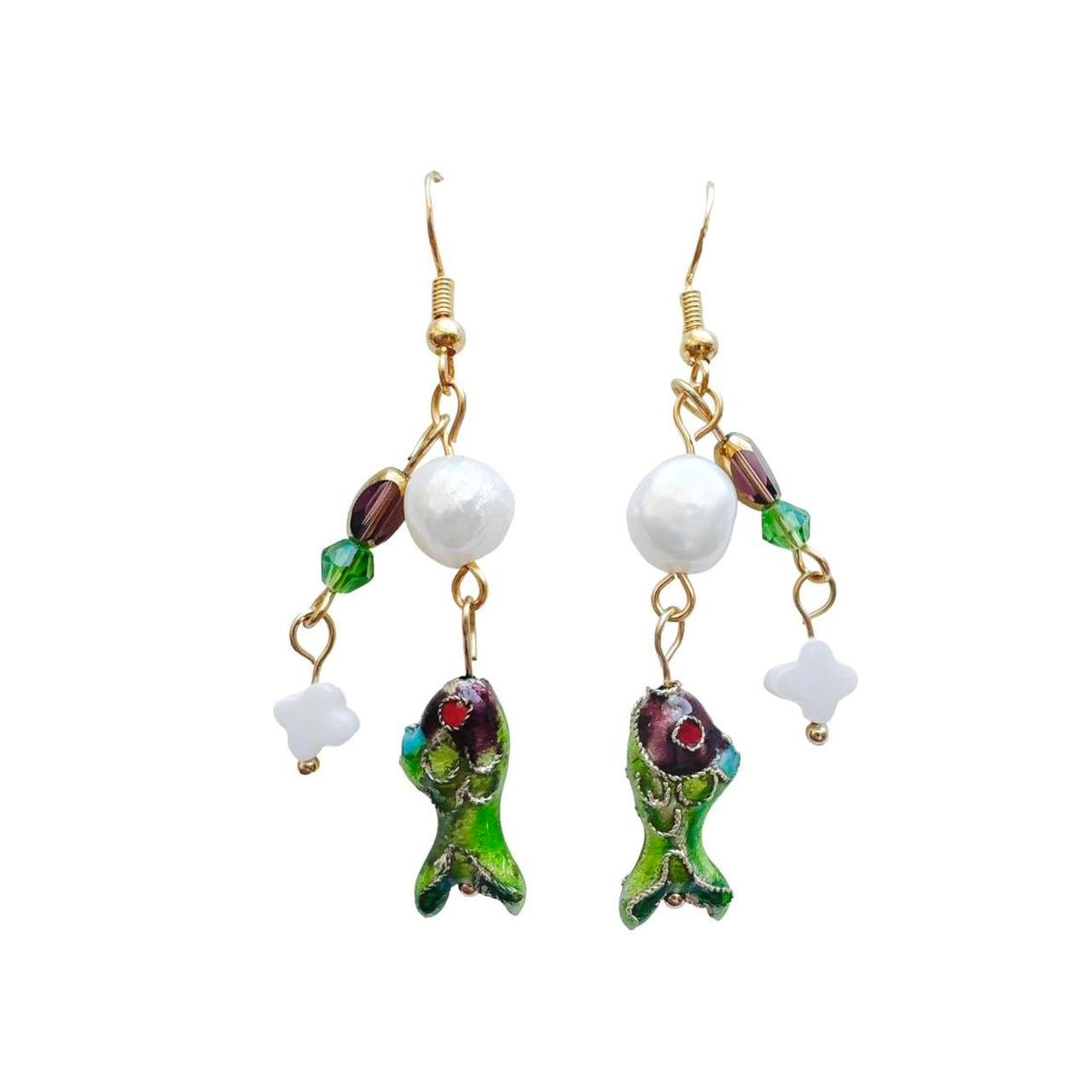 gold beaded fish earrings - purple