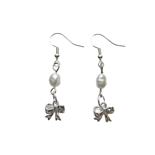 silver pearl bow dangle earrings