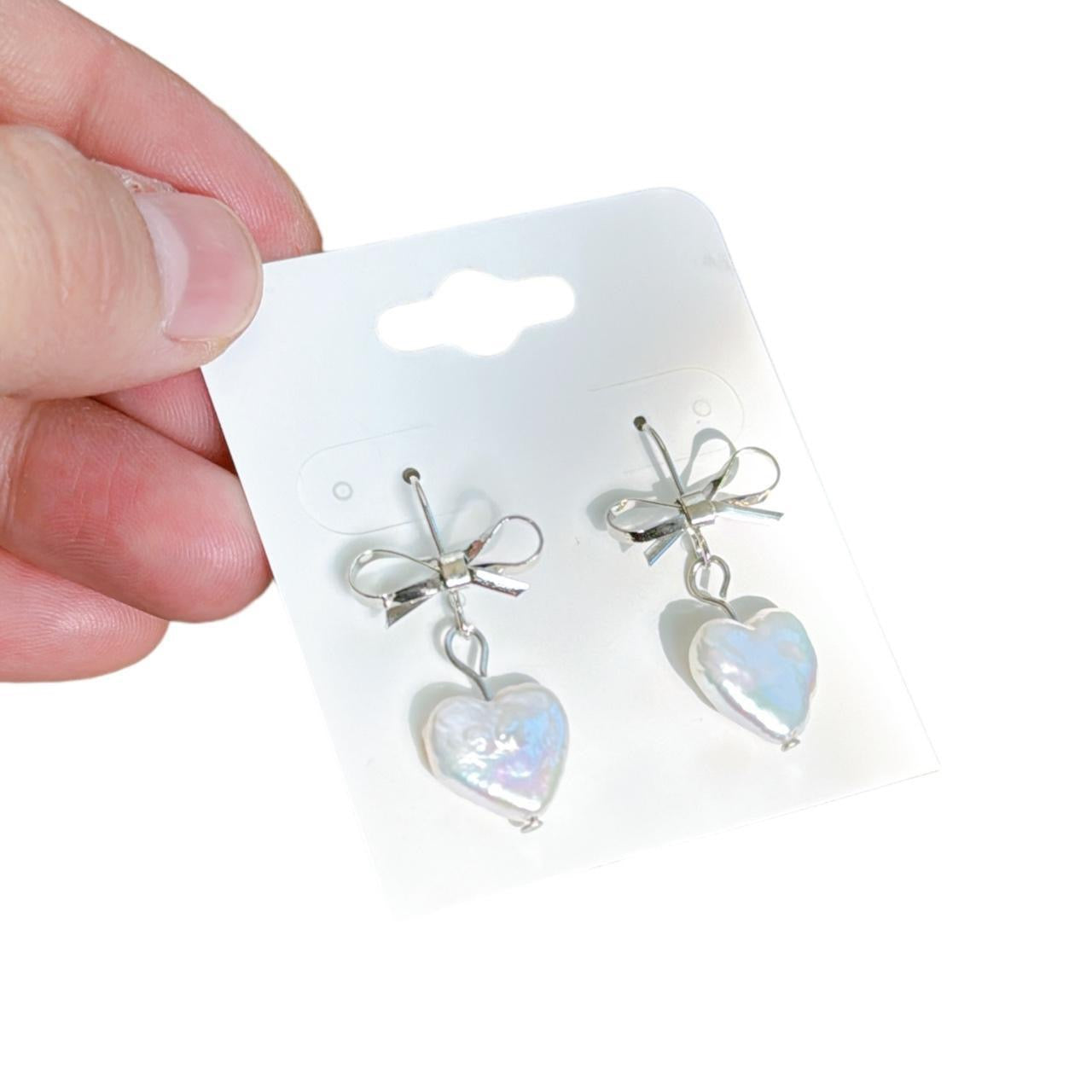 Silver Bow & Pearl Heart Earrings