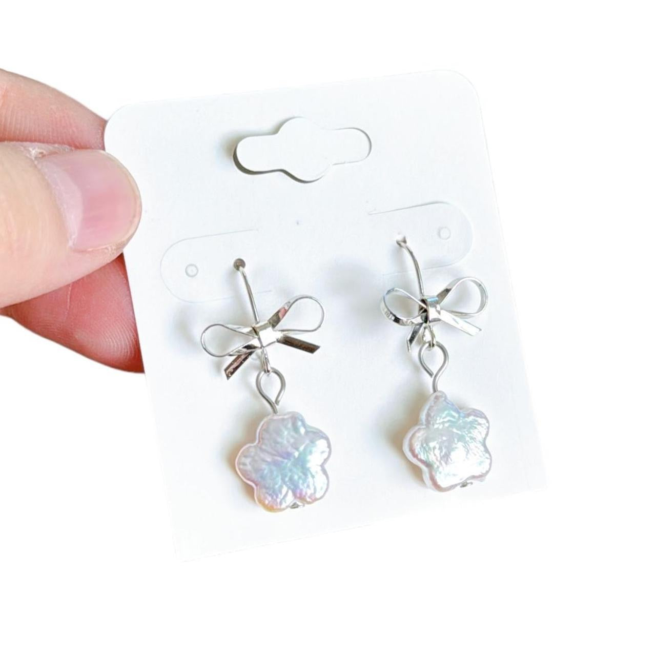 Silver Bow & Pearl Flower Earrings