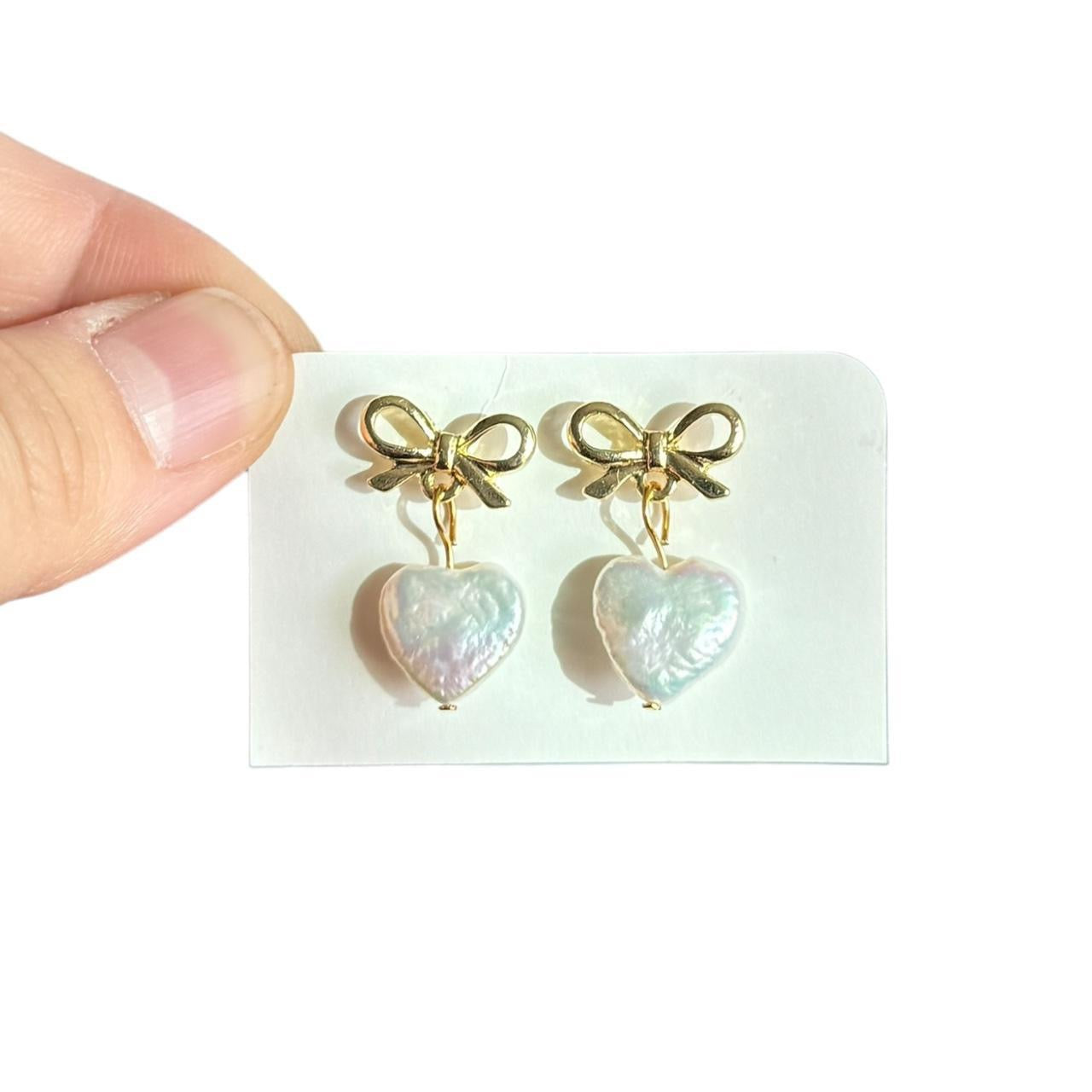 Gold Bow & Pearl Heart Earrings